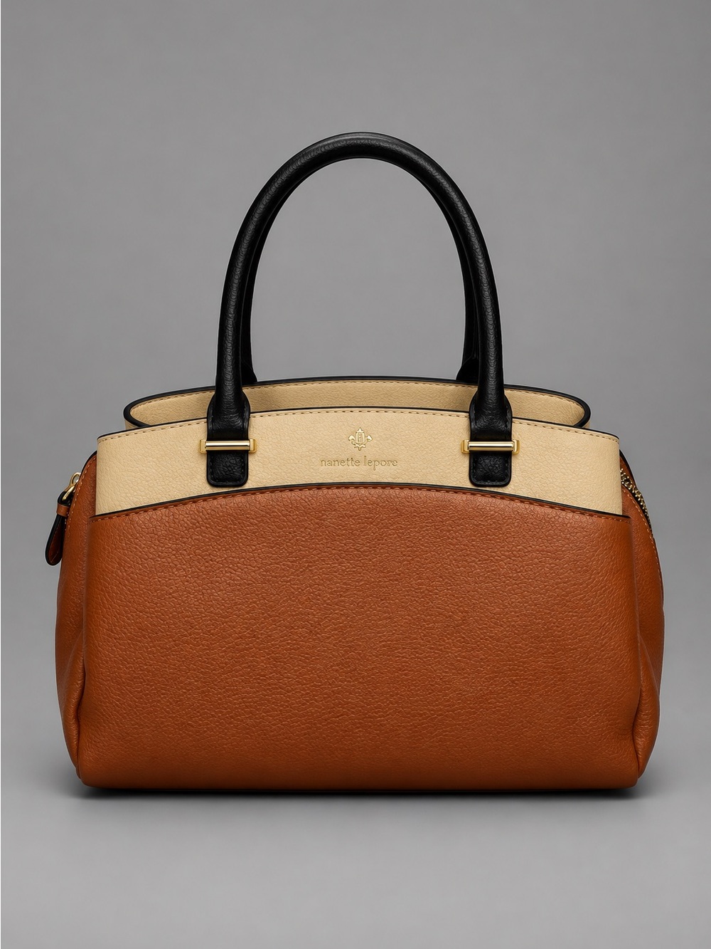 Nanette Lepore Tri-Tone Pebbled Satchel in Brown, Cream and Black
